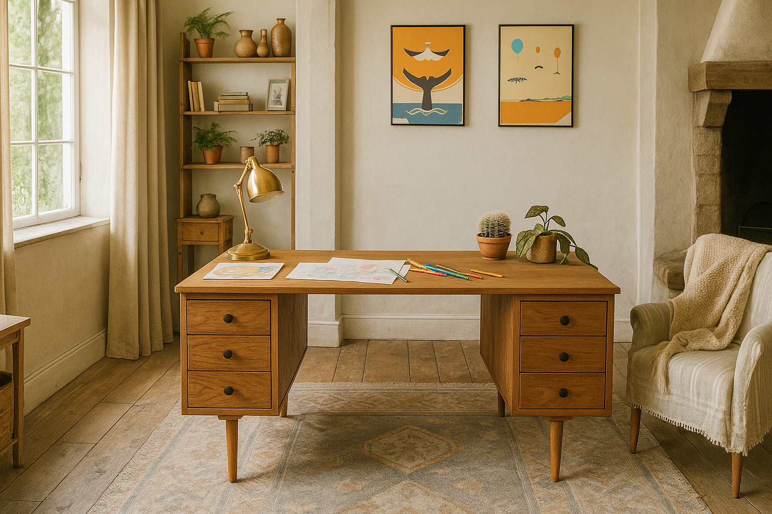 Large Mid Century Style Wooden Desk with 6 Drawers - Margot
