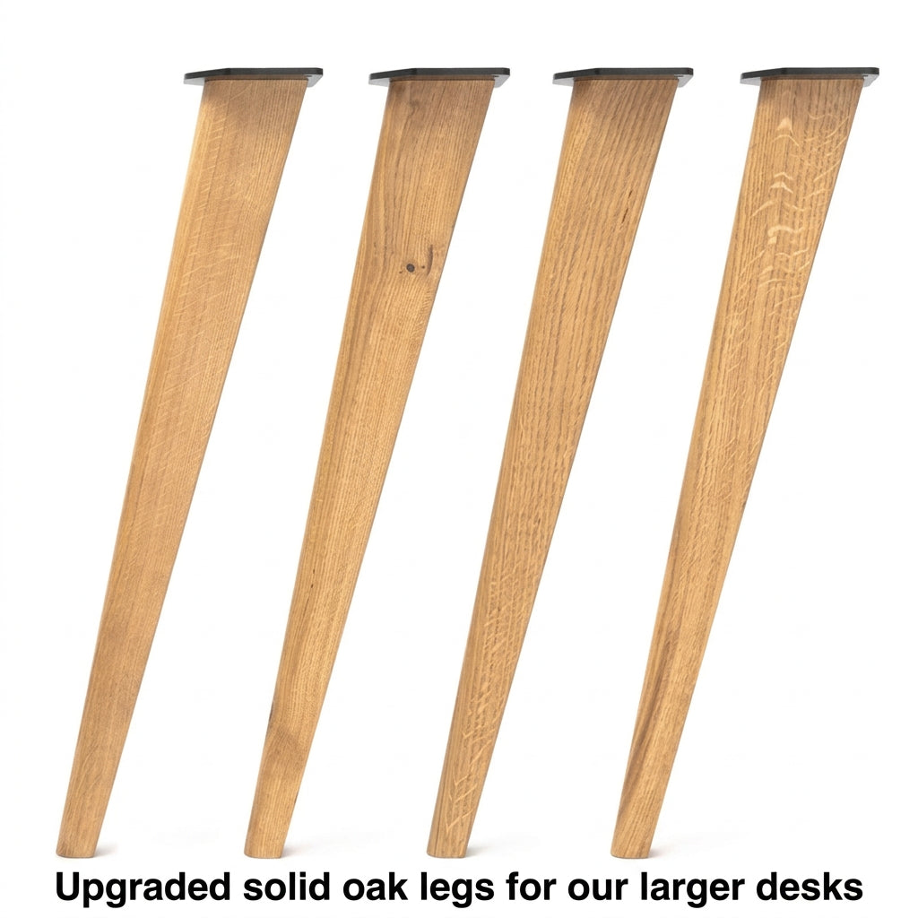 Four natural oak table legs with tapered shapes and dark metal caps, arranged vertically on a plain white background.
