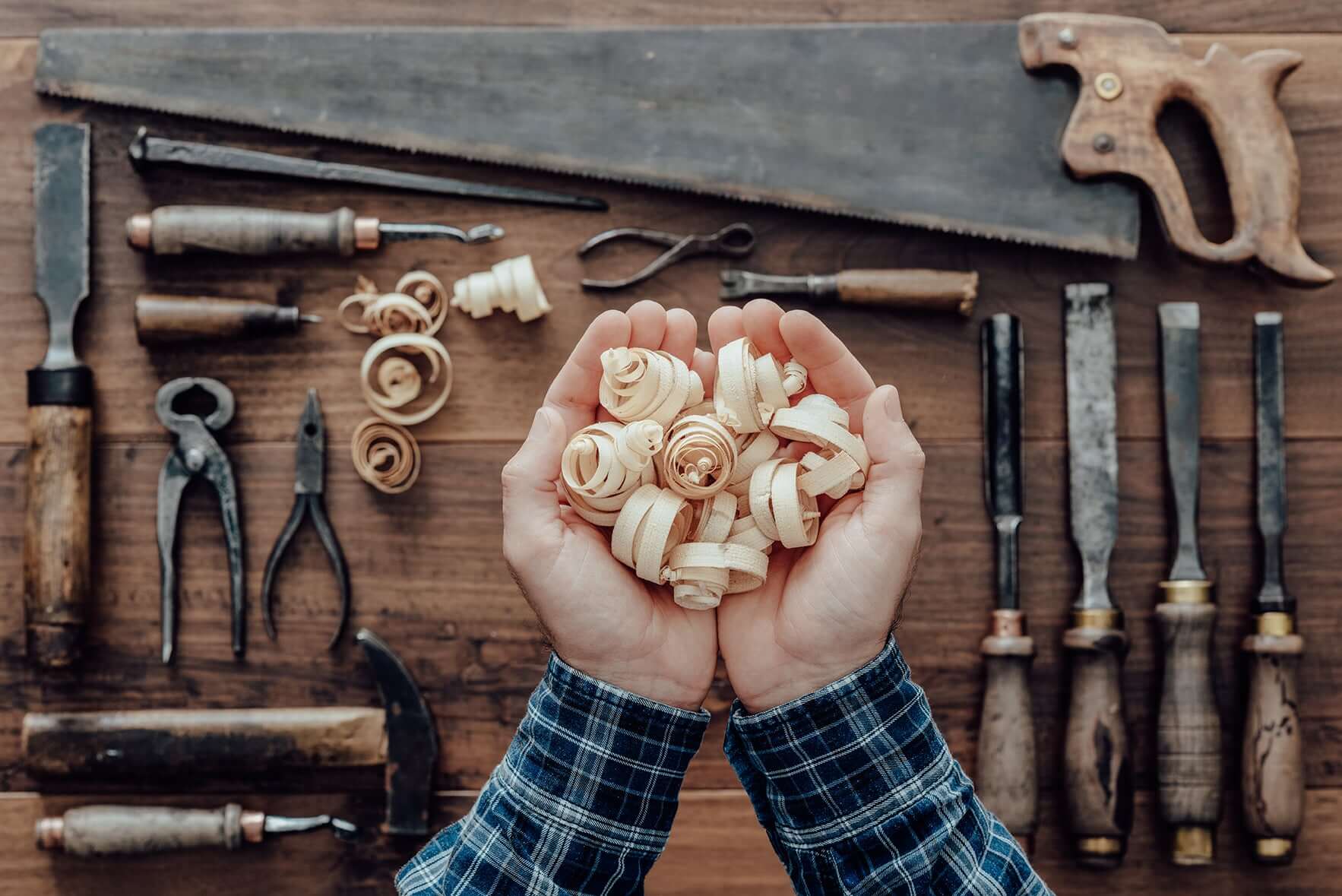 Carpenter Holding Wood Shavings