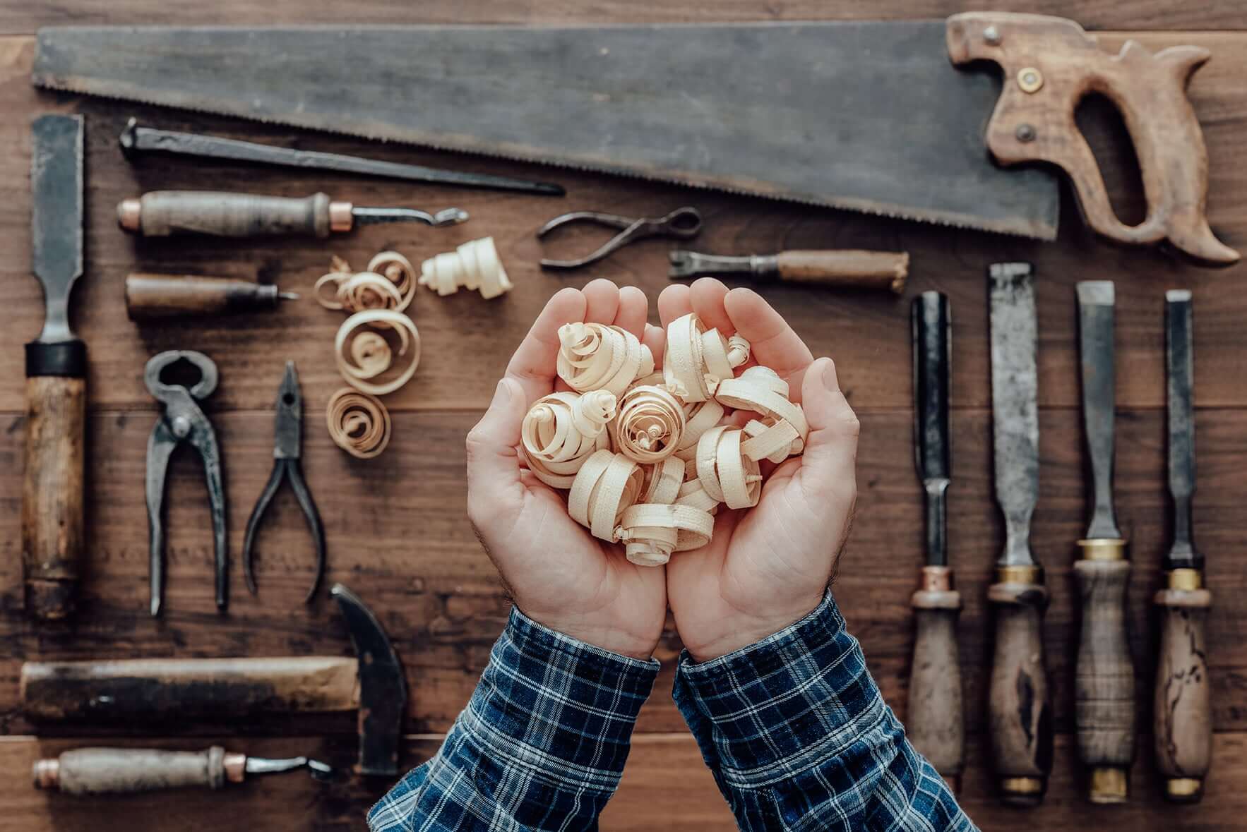 Carpenter Holding Wood Shavings