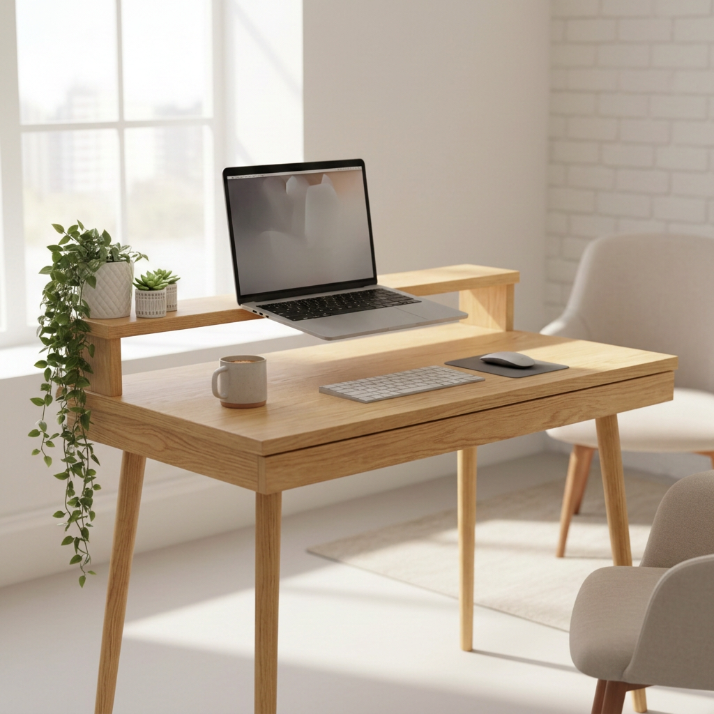 Desk and raised shelf in approved oak