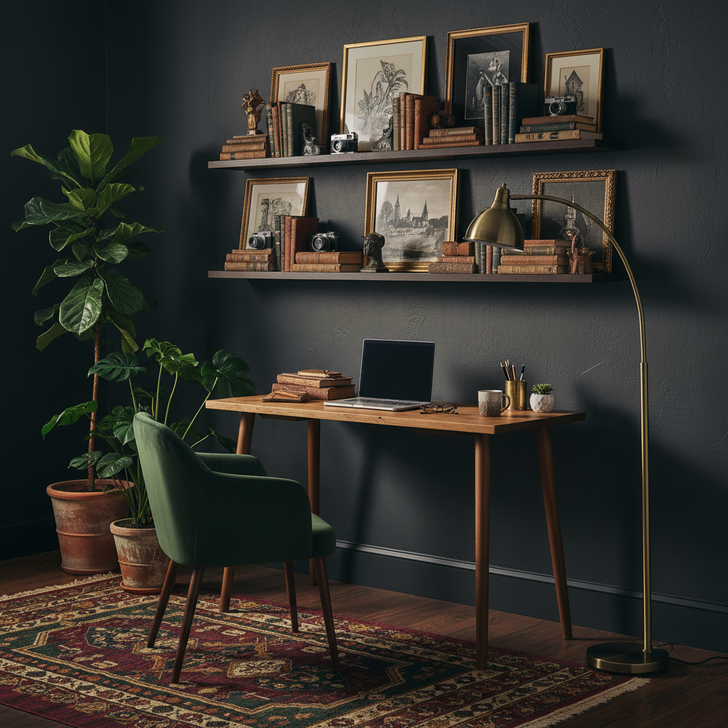 "Dylan solid wood minimalist desk in moody home office with dark walls, plants, and vintage decor"