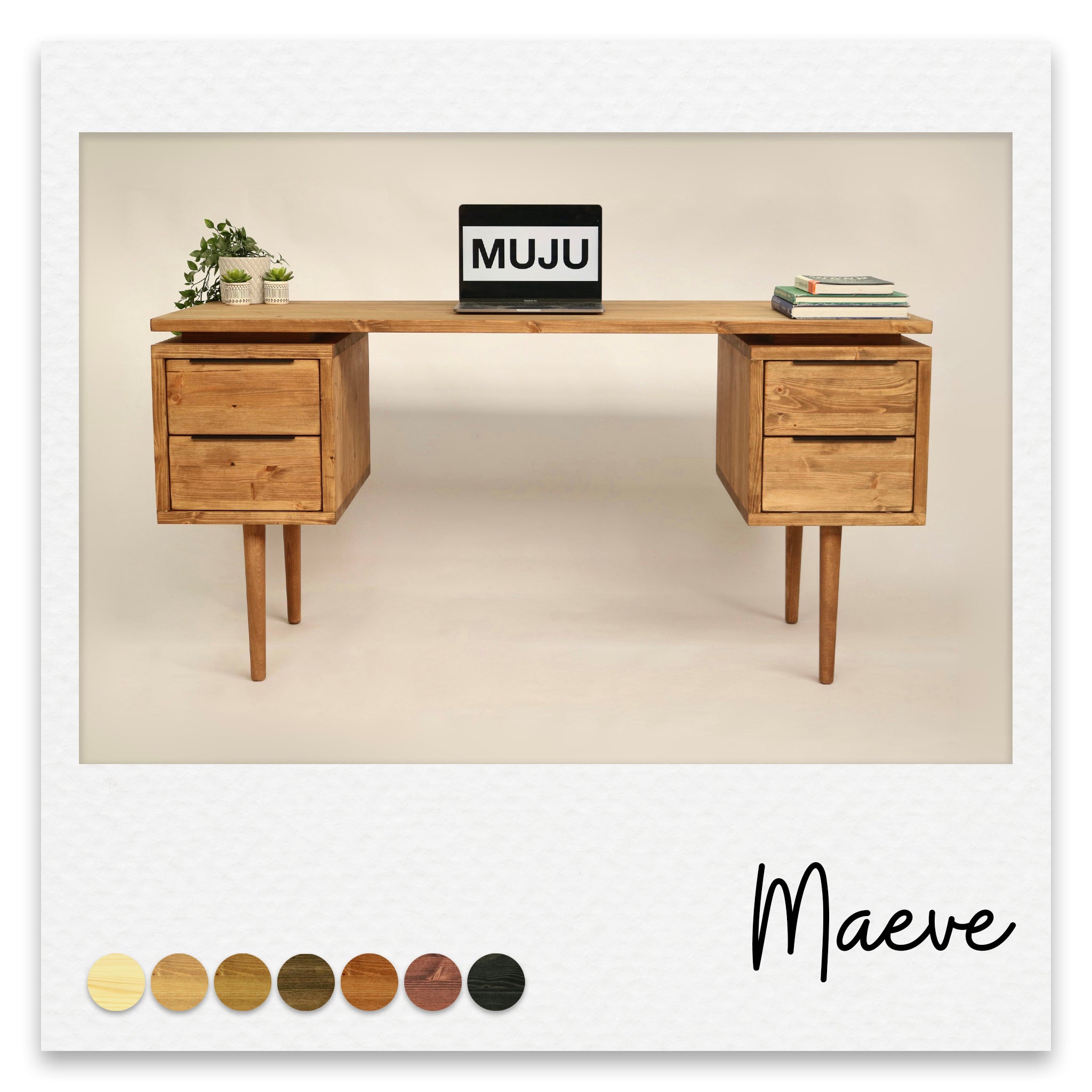 Large Wooden Mid Century Modern Desk with double pedestal drawers