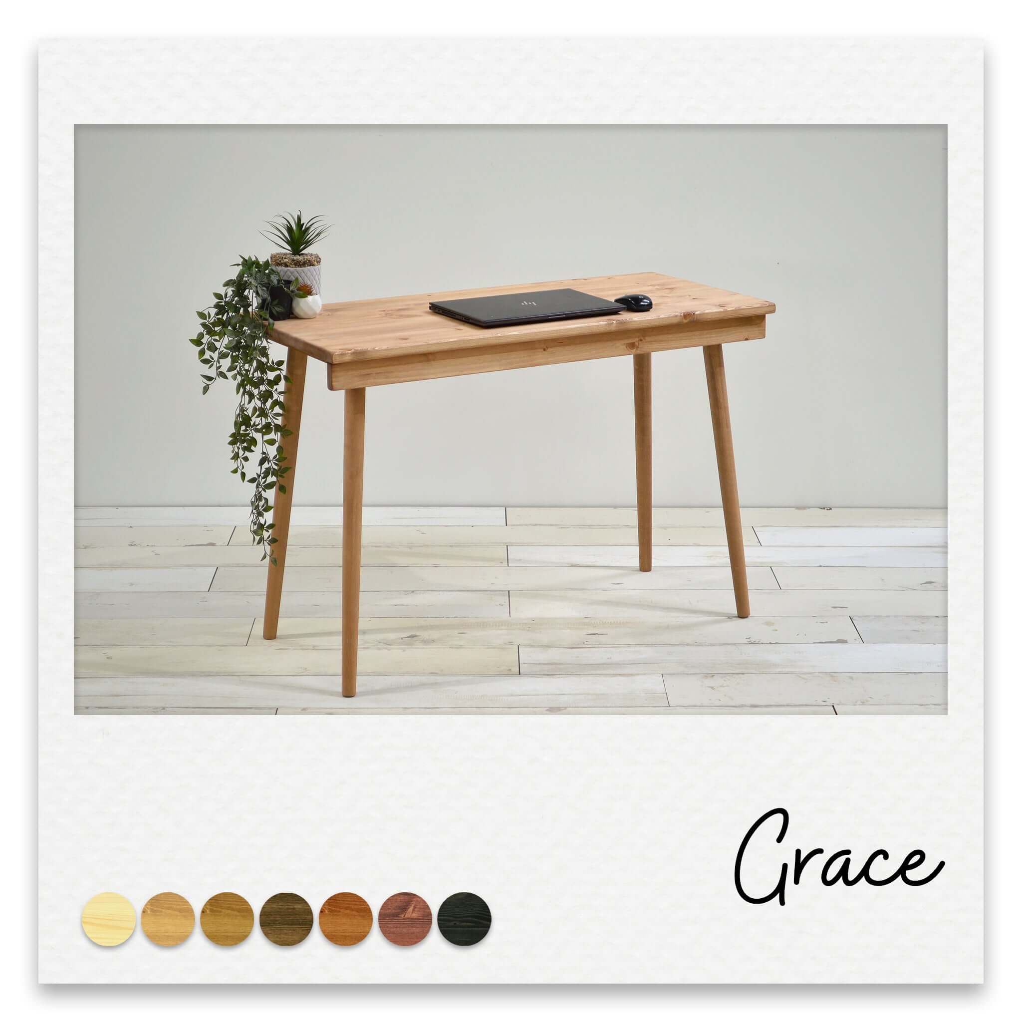 Scandinavian style desk in solid wood with underslung drawer and wooden turned legs