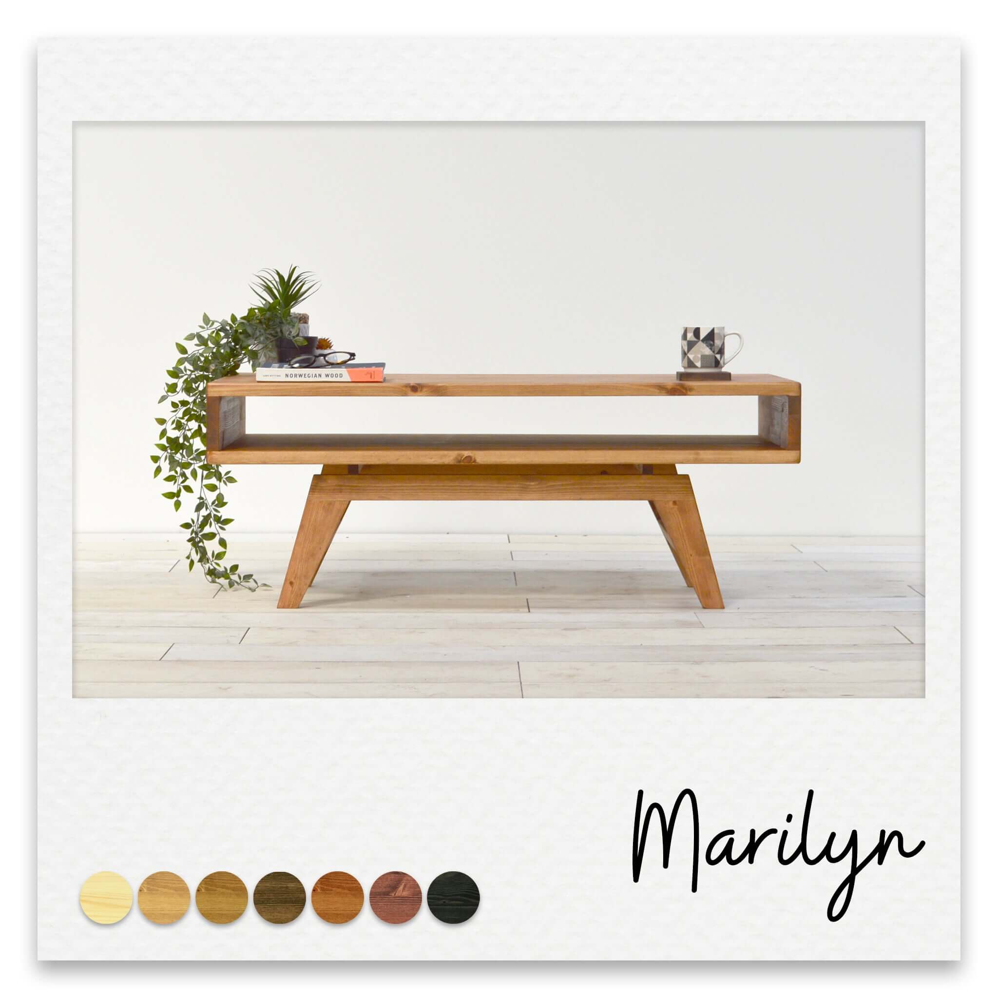 Mid Century Modern Coffee Table with bespoke leg set and featuring an open shelf for storage