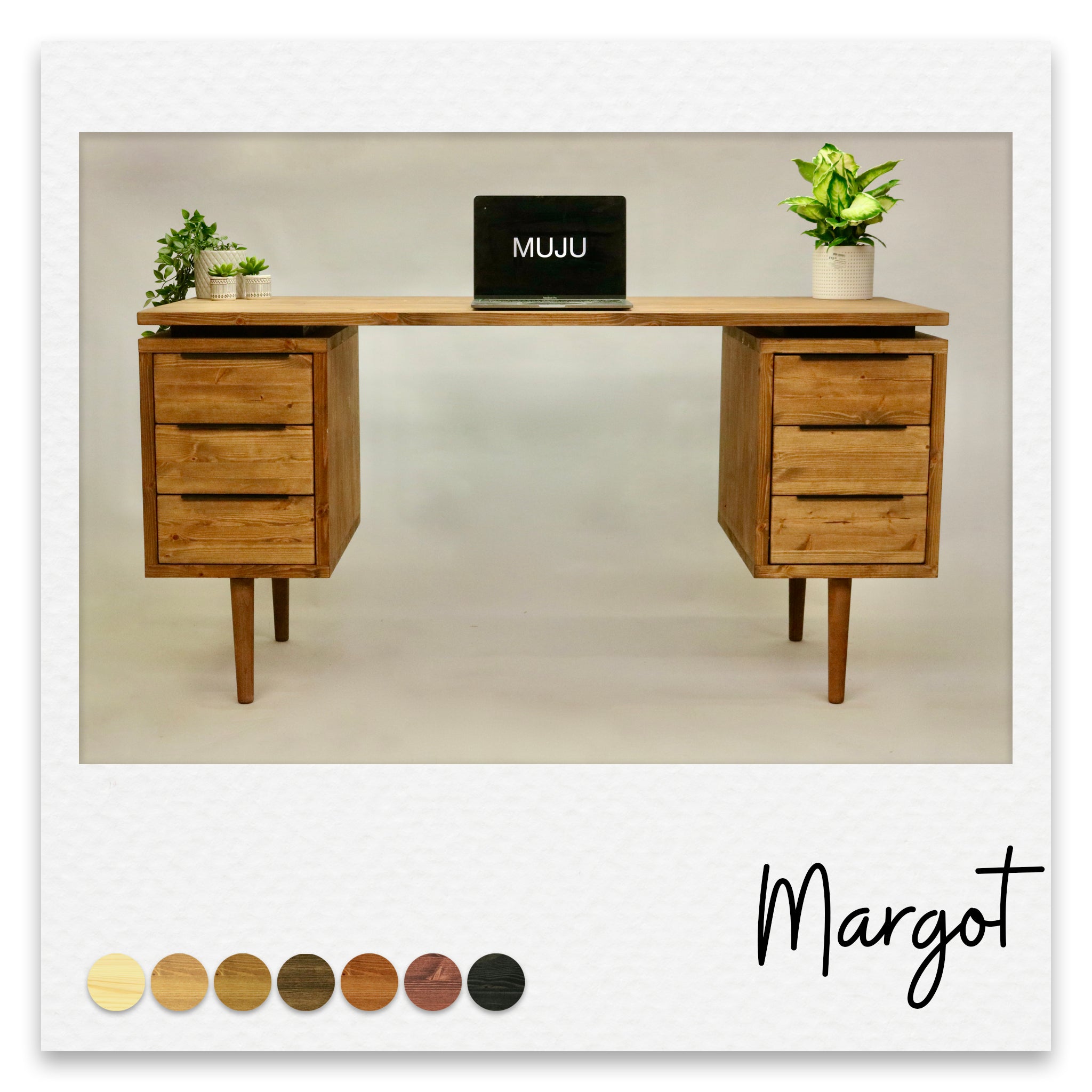 Large Mid Century Style Wooden Desk with 6 Drawers arranged in 2 pedestals on each side of the desktop