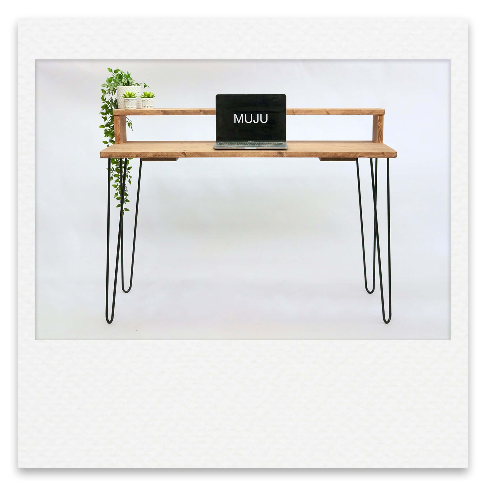 Solid Wood Desk with Monitor Stand and Hairpin Legs