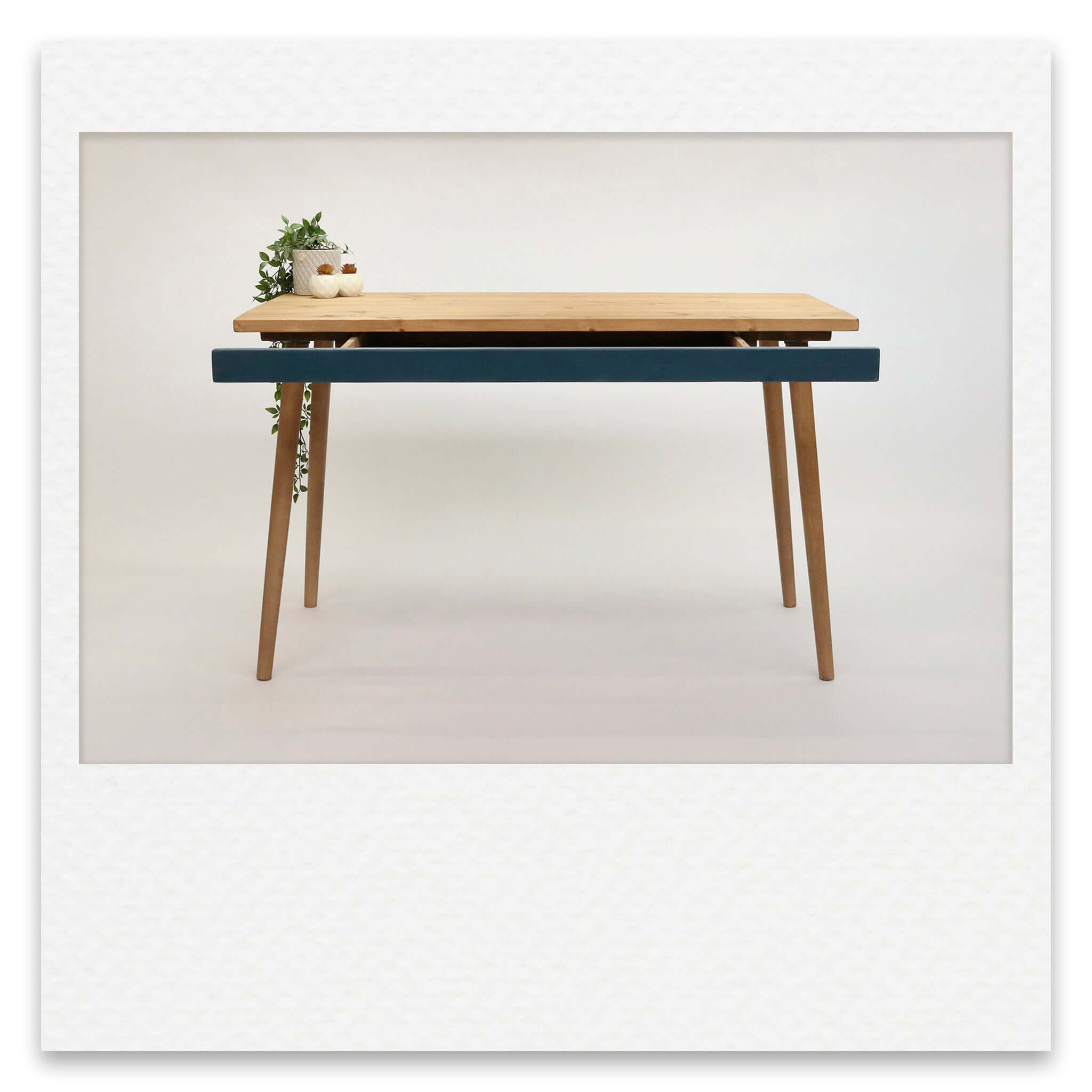 Simple Desk With Coloured Drawer and Wooden Legs
