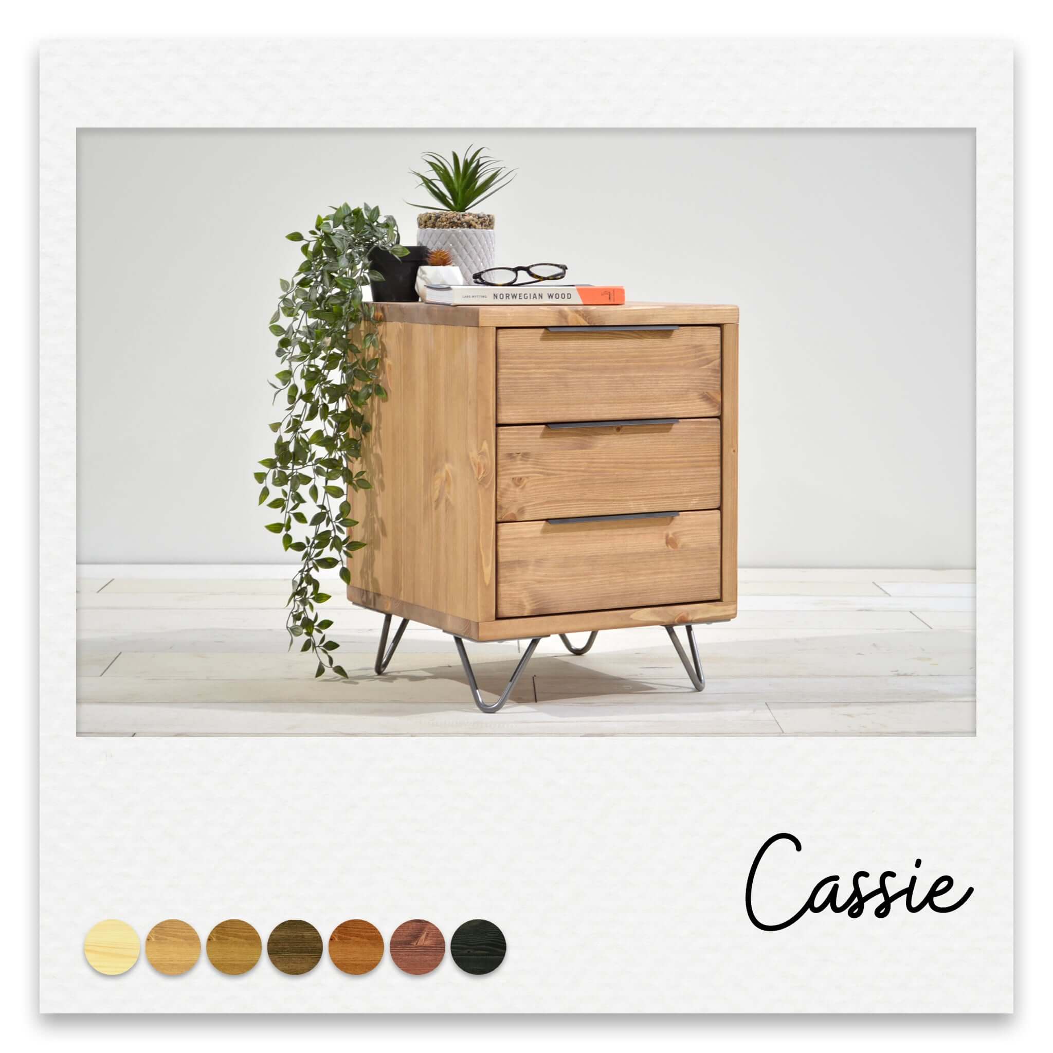 3 Drawer Solid Wood Bedside Table with Hairpin Legs