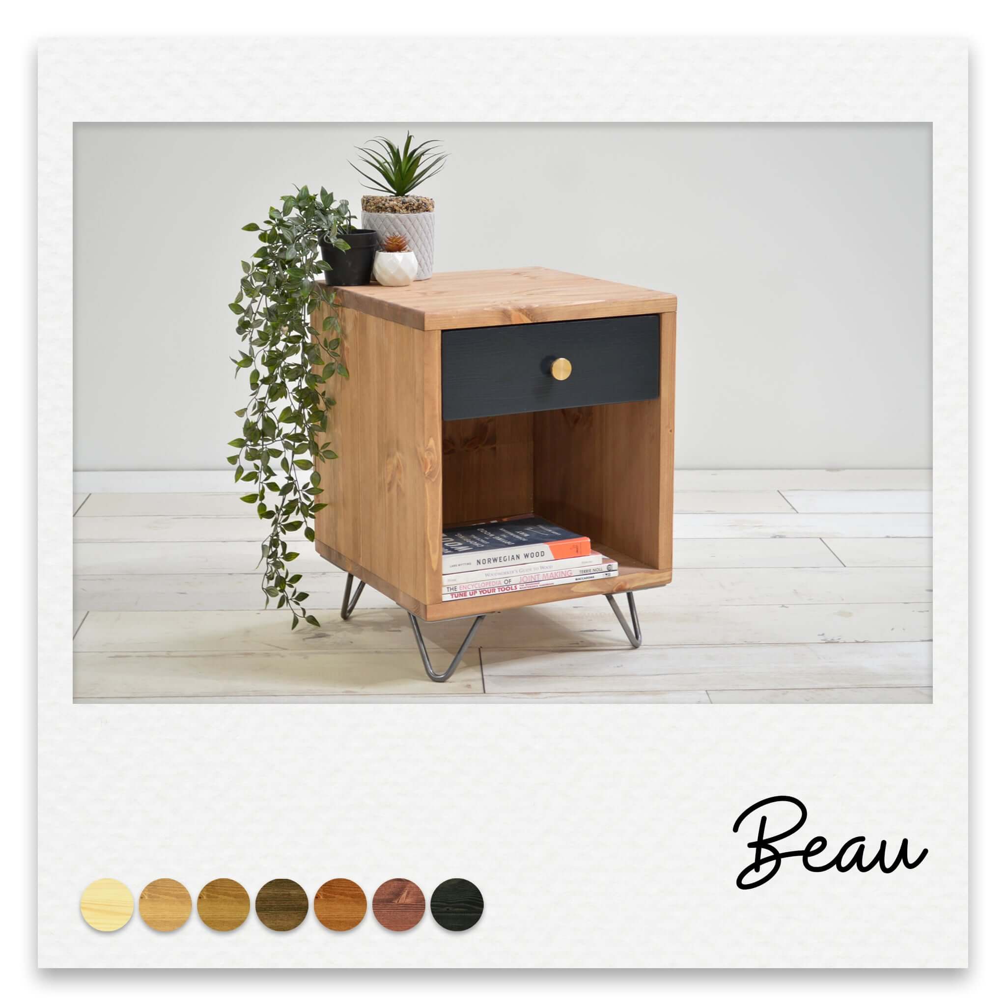 Modern Wooden Bedside Table with custom coloured drawer and hairpin legs
