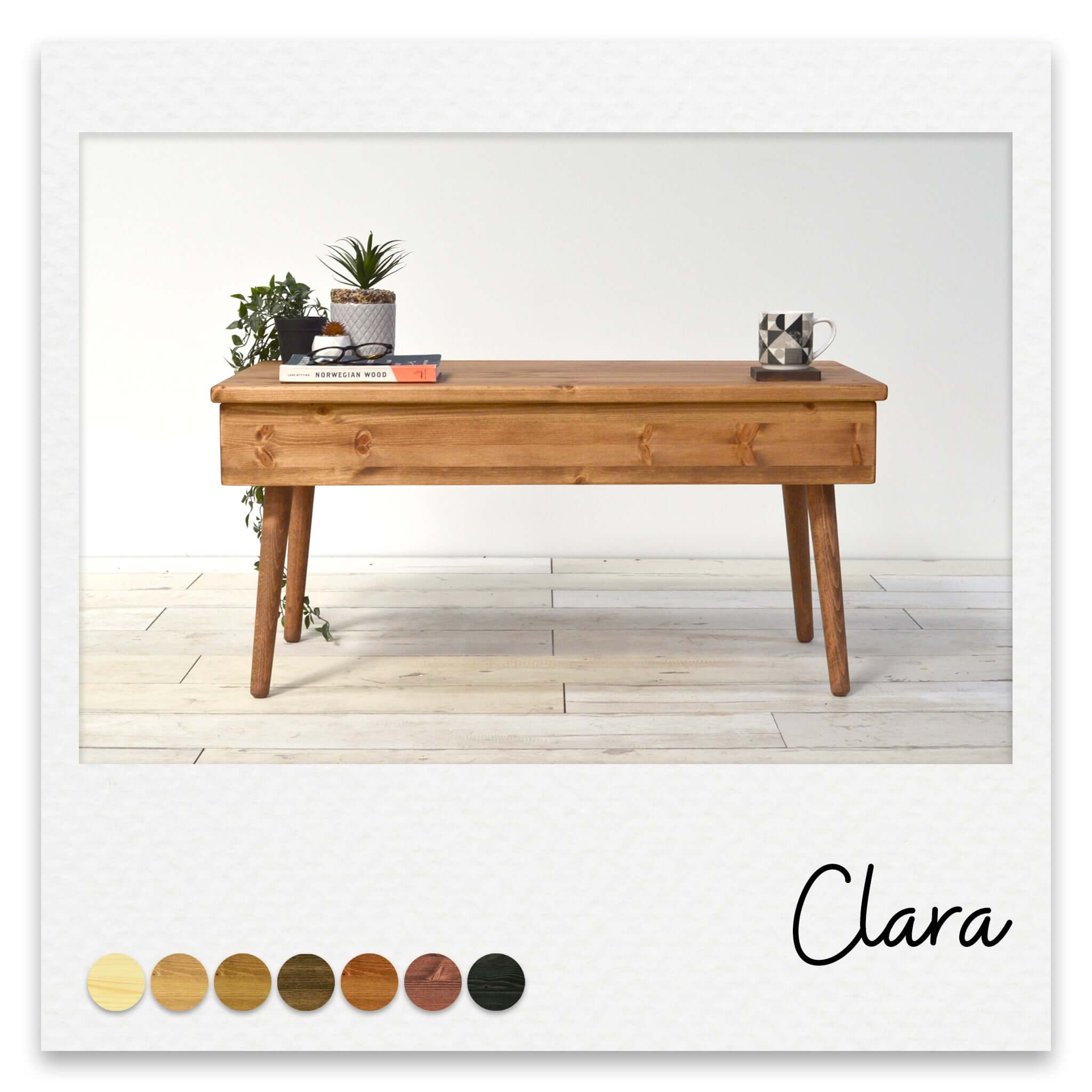 Scandi style wooden coffee table featuring a discreet but large drawer and wooden turned legs