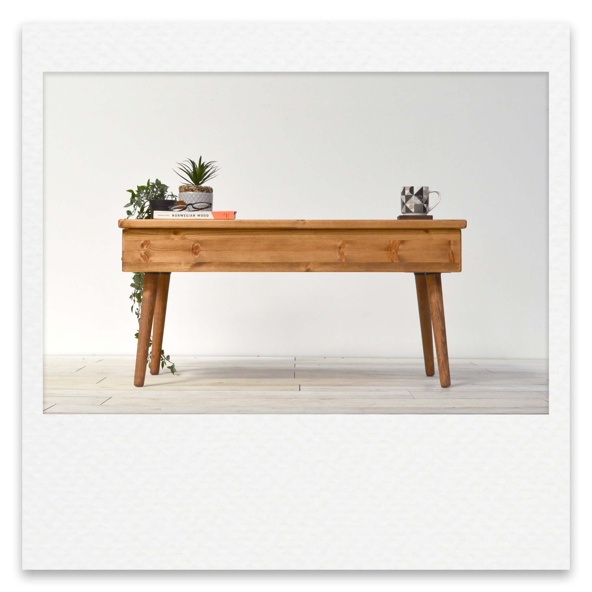 Coffee Table with Deep Hidden Drawer and Short Wooden Legs