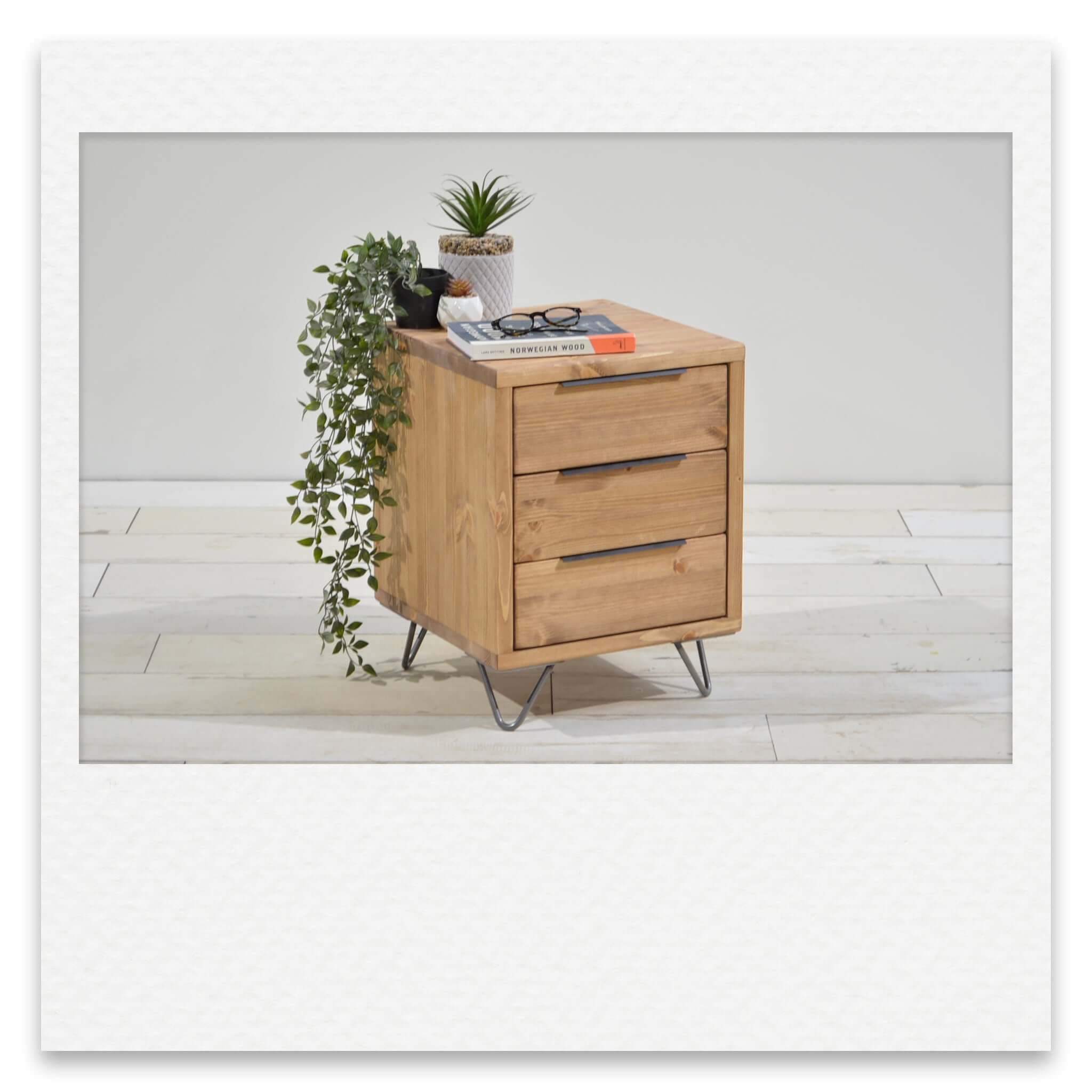 Bedside Table with 3 Drawers and Hairpin Legs