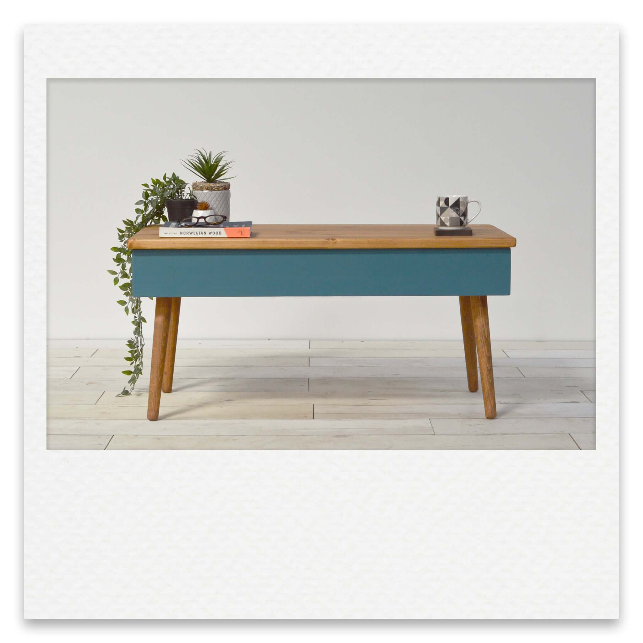 Coffee Table with Deep Hidden Drawer and Short Wooden Legs and Painted Drawer Face