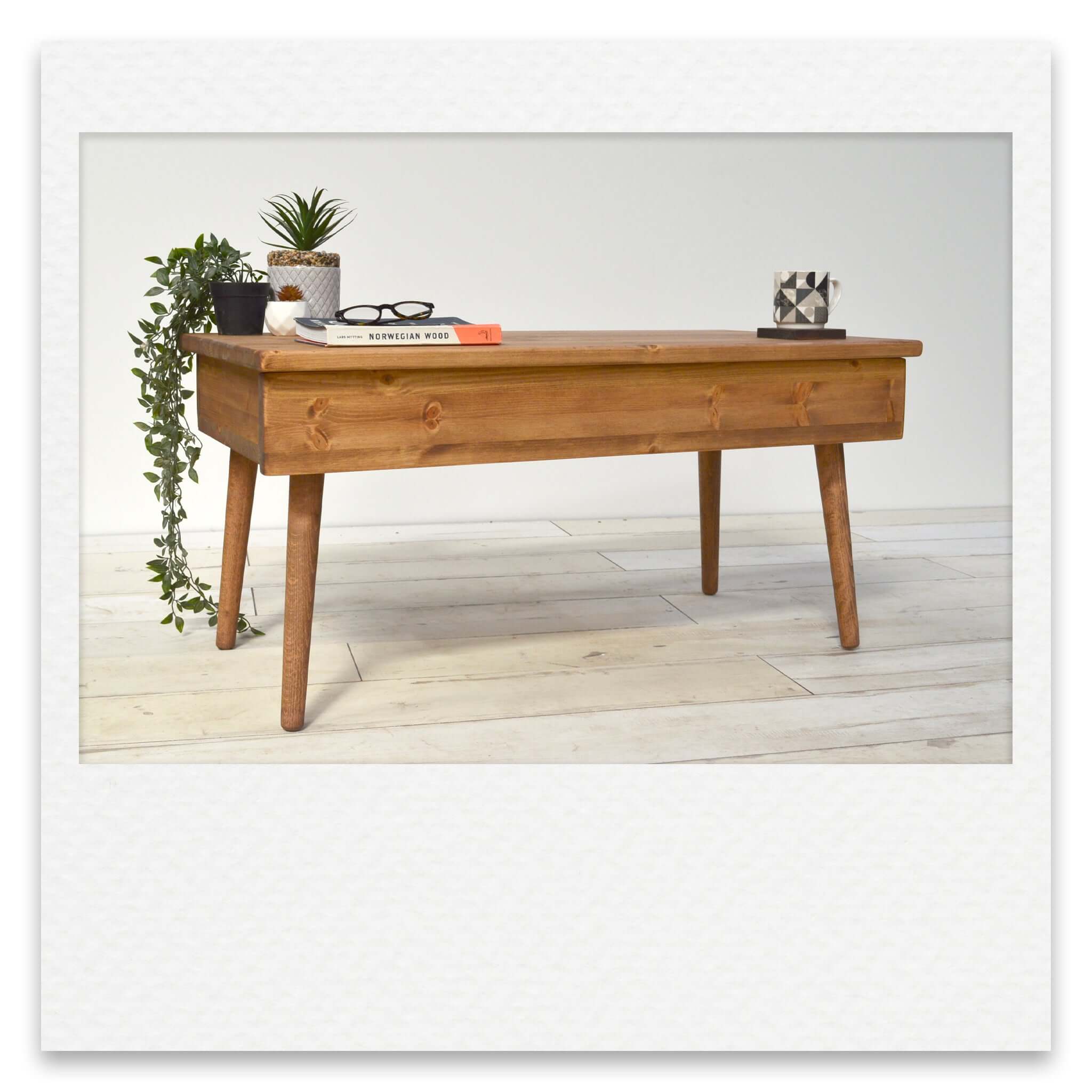 Coffee Table with Deep Hidden Drawer and Short Wooden Legs