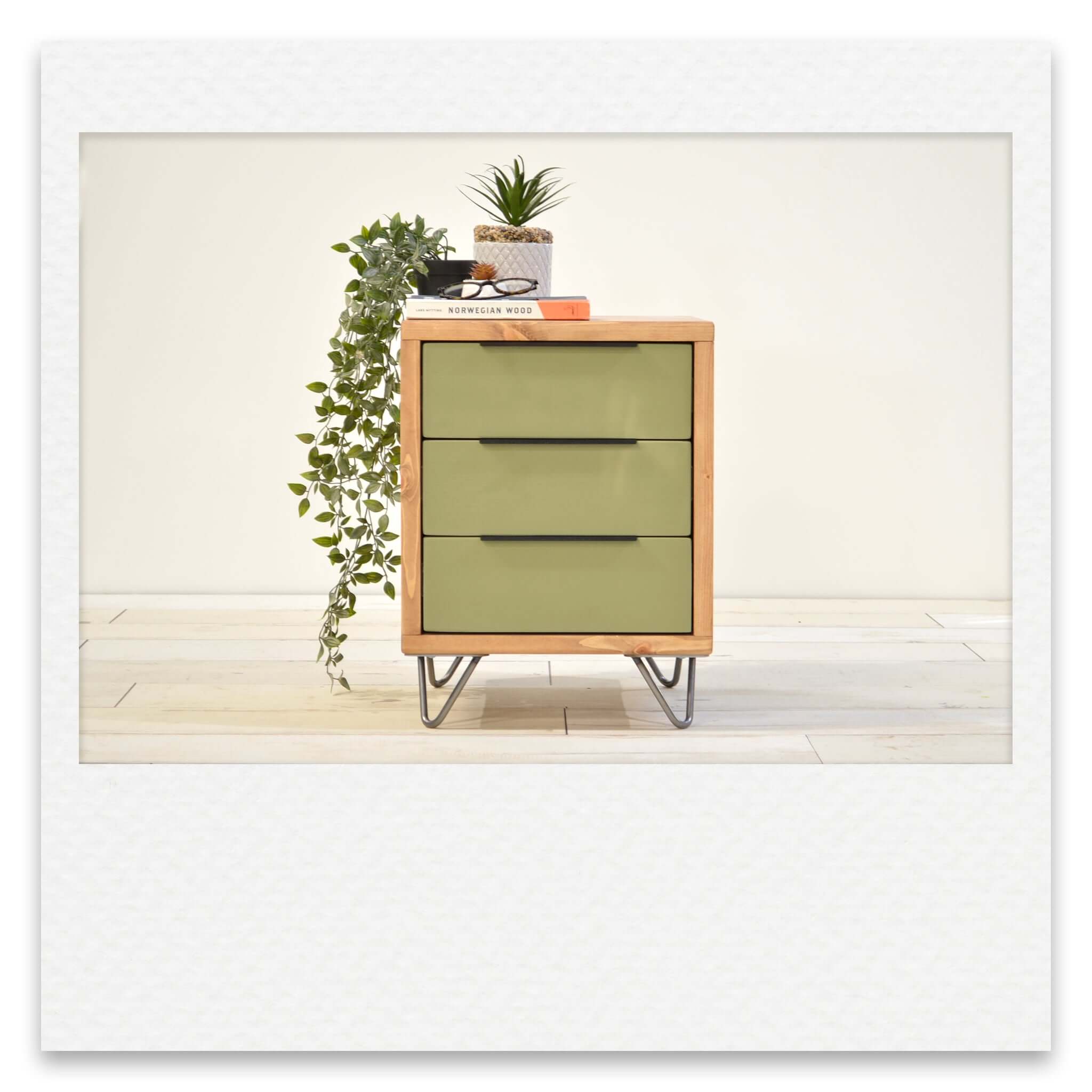 Executive Three Drawer Bed Side Table with Coloured Drawer Faces