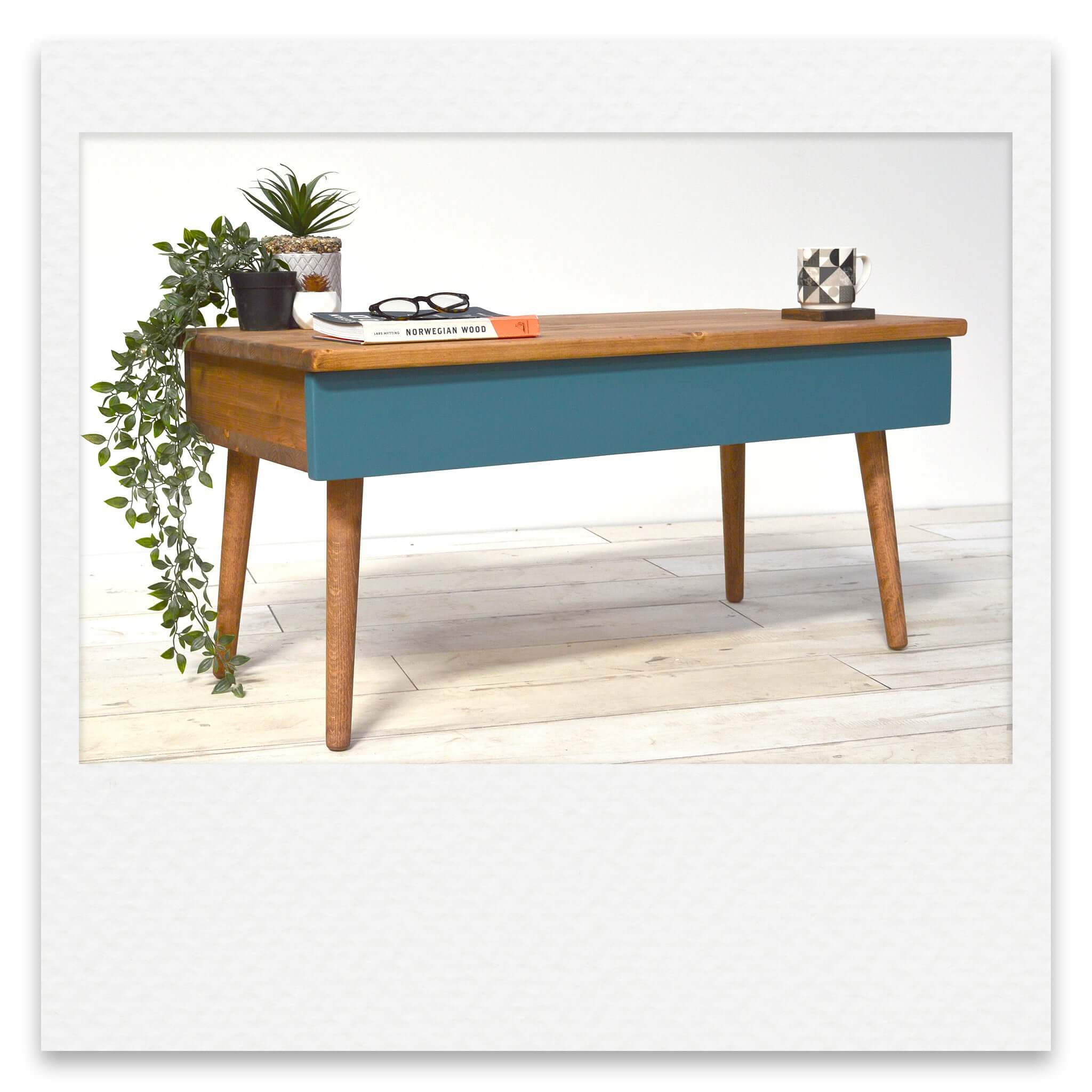Coffee Table with Deep Hidden Drawer and Short Wooden Legs and Painted Drawer Face