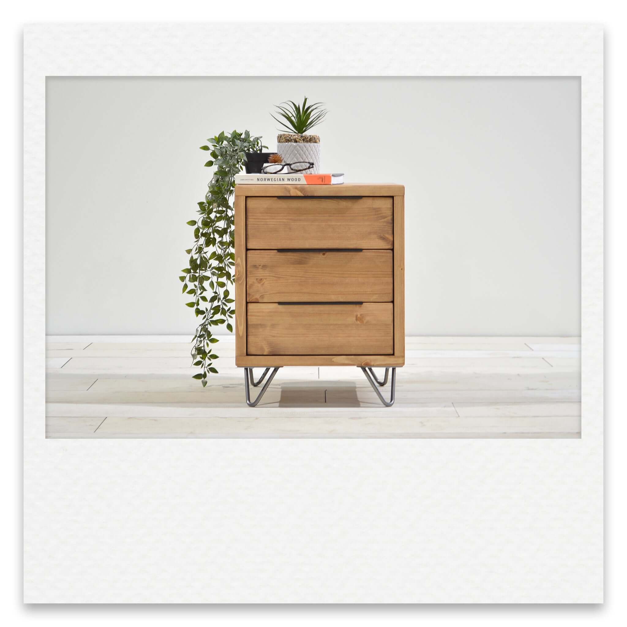 Bedside Table with 3 Drawers and Hairpin Legs