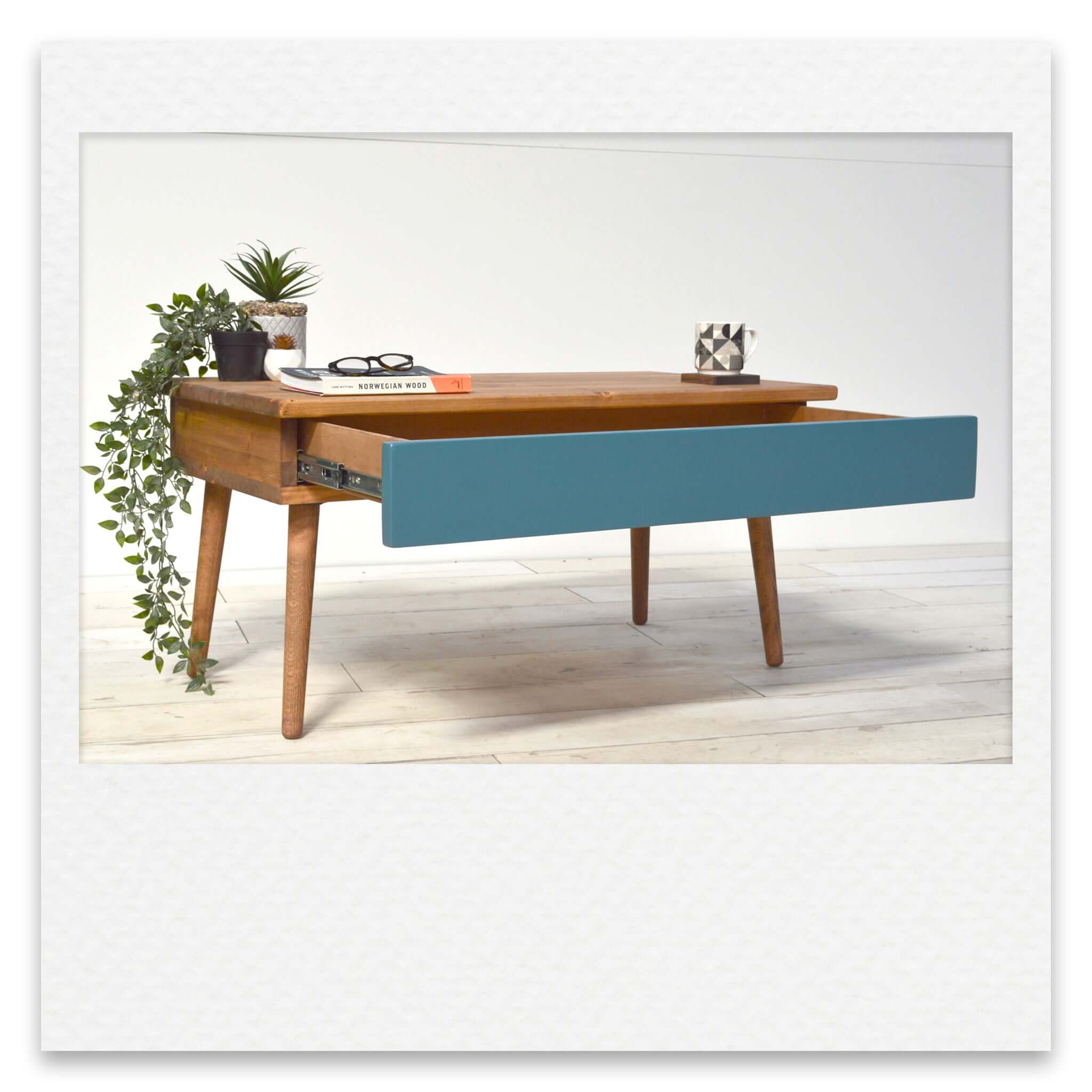 Coffee Table with Deep Hidden Drawer and Short Wooden Legs and Painted Drawer Face