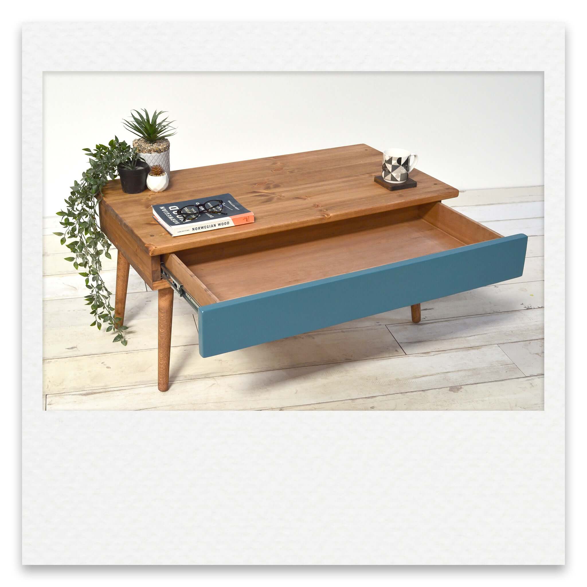 Coffee Table with Deep Hidden Drawer and Short Wooden Legs and Painted Drawer Face