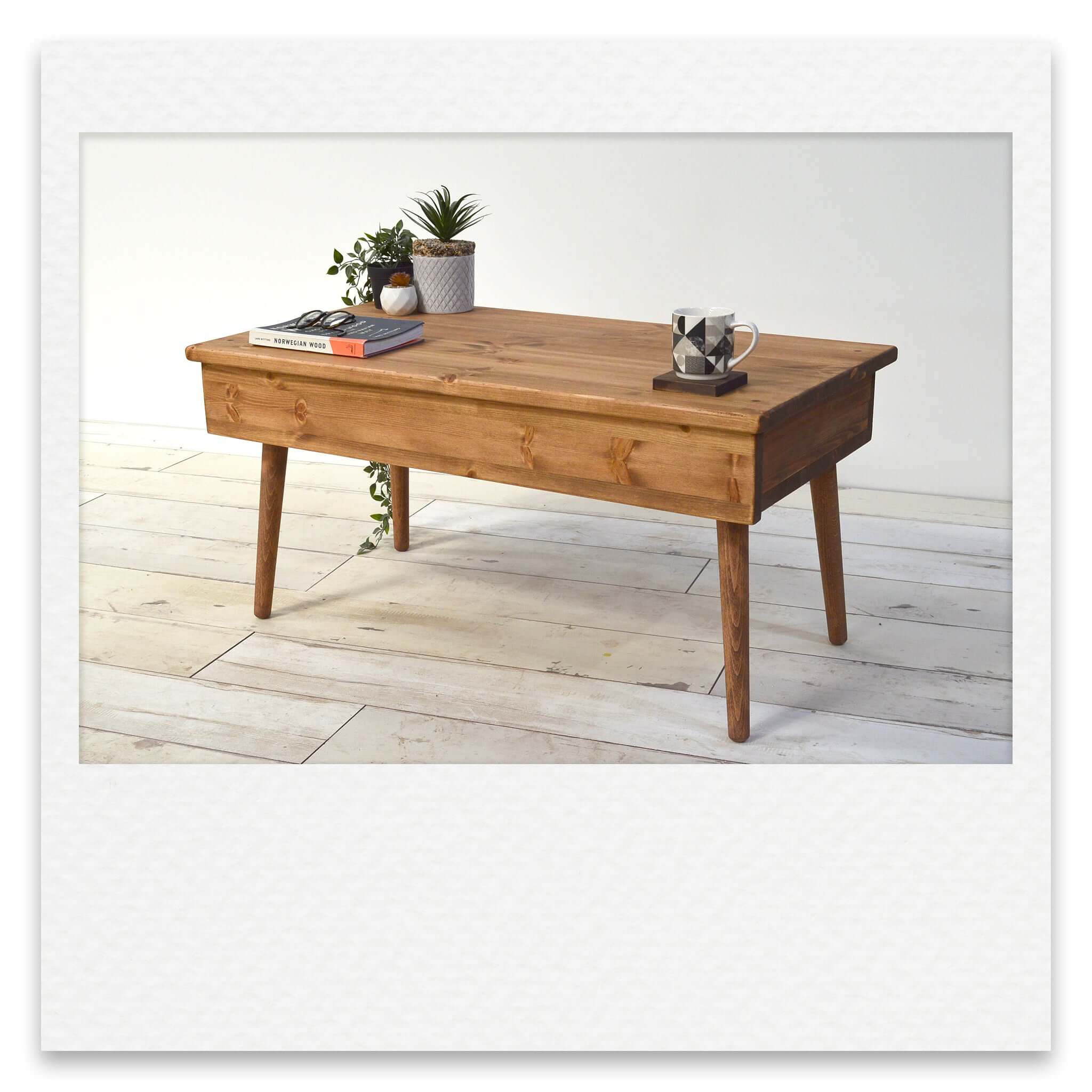 Coffee Table with Deep Hidden Drawer and Short Wooden Legs