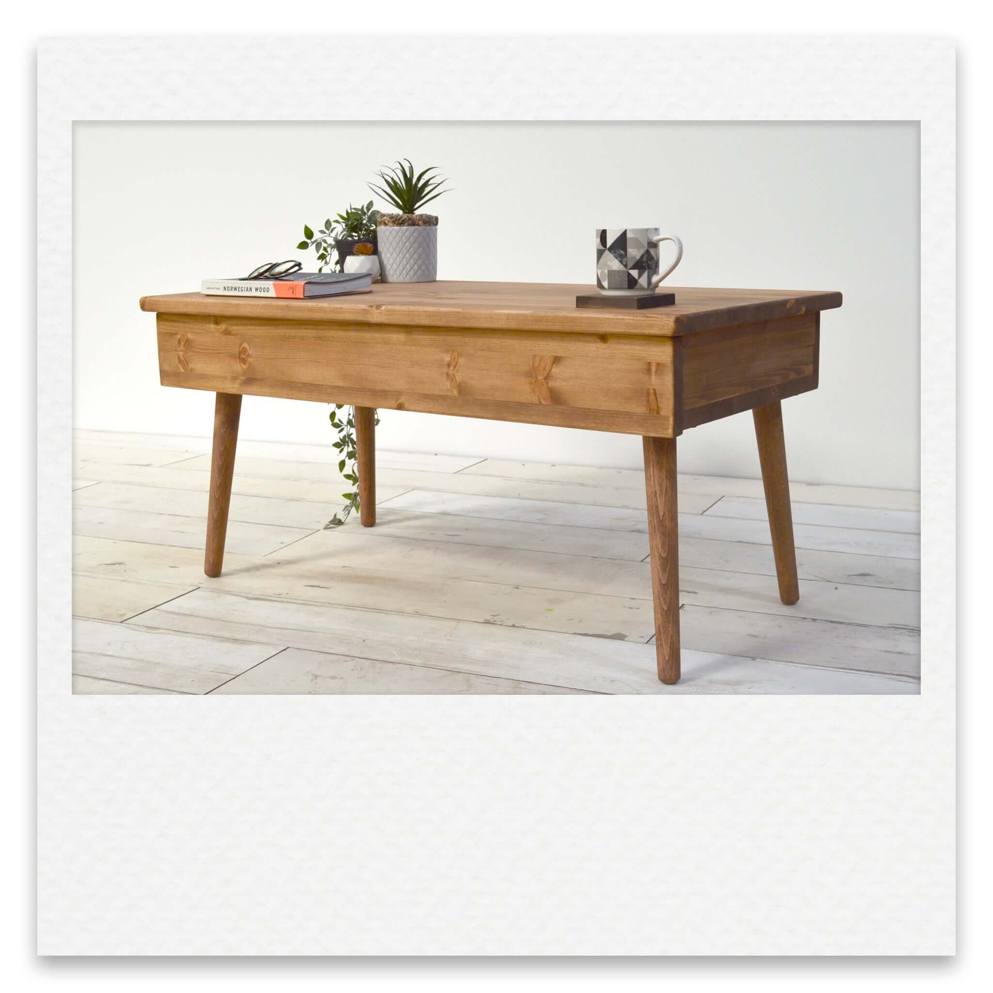 Coffee Table with Deep Hidden Drawer and Short Wooden Legs