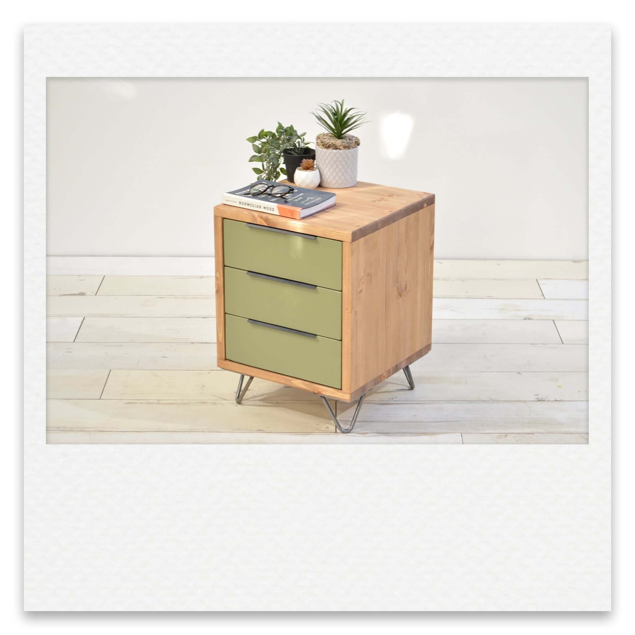 Executive Three Drawer Bed Side Table with Coloured Drawer Faces