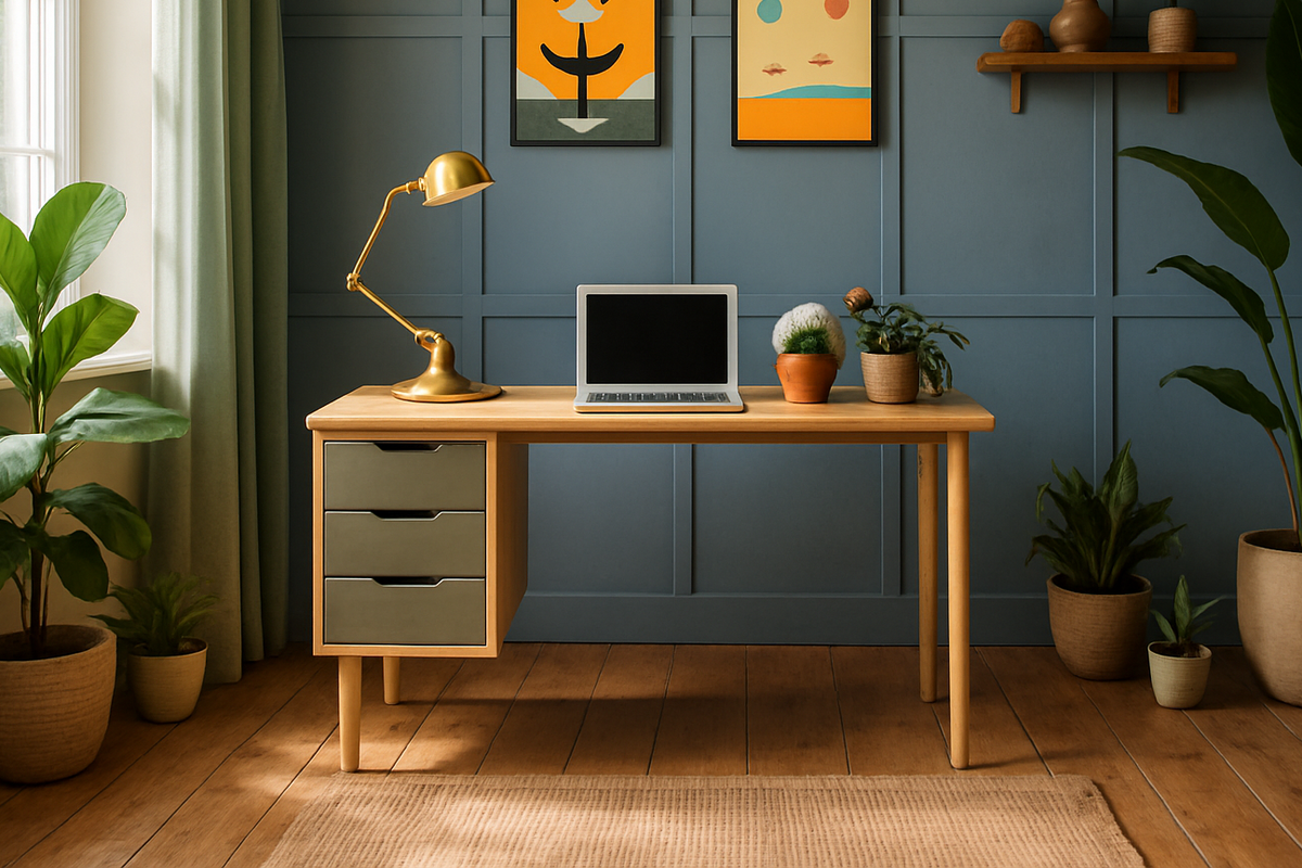 Modern home office with wooden desk, laptop, lamp, and decorative plants against a blue wall.