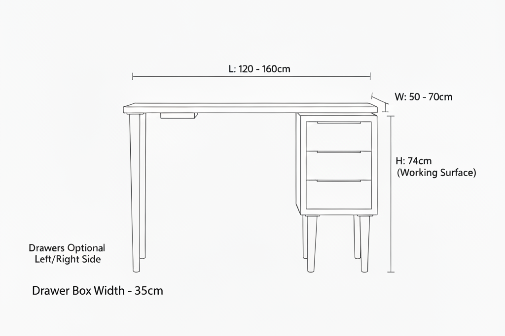Line drawing of a desk with dimensions labeled