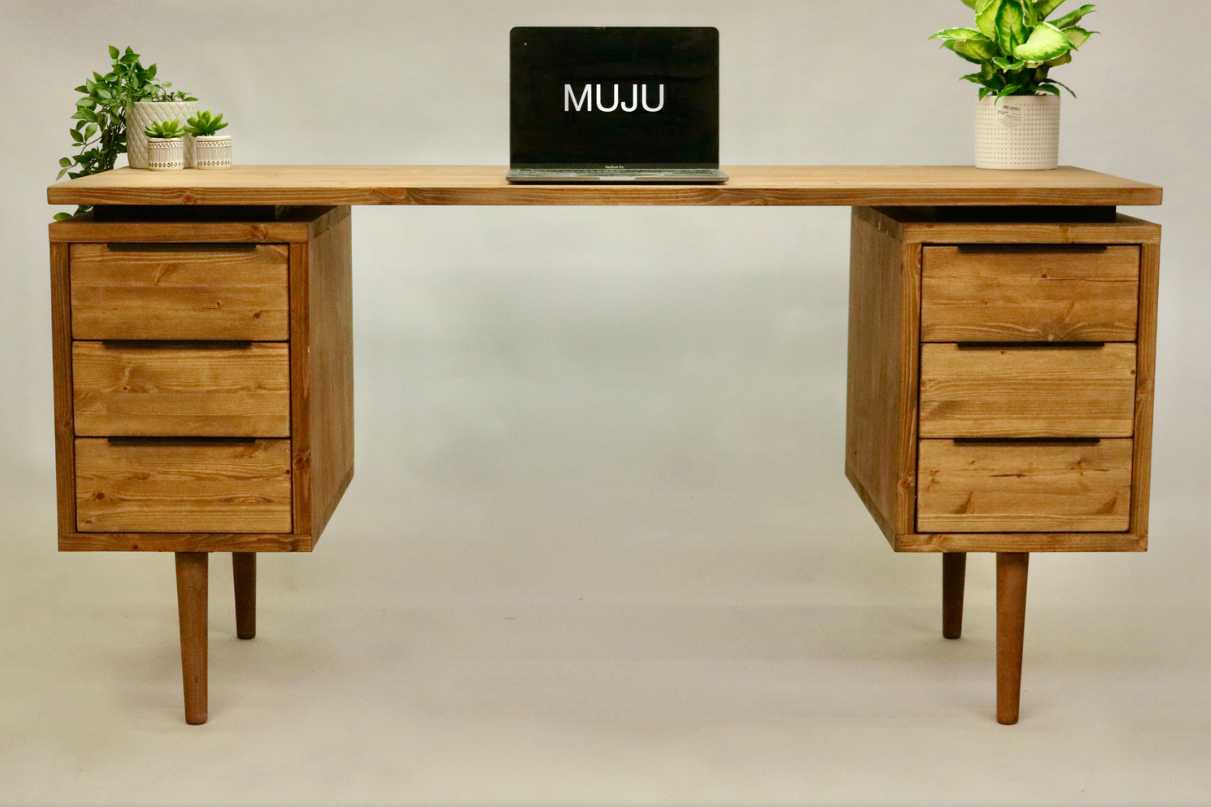 Large Mid Century Style Wooden Desk with 6 Drawers - Margot