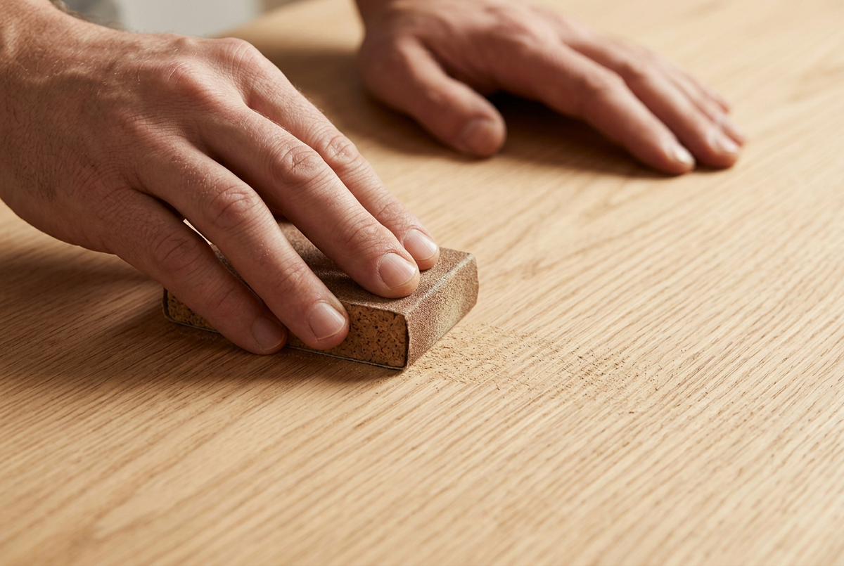 Extreme close-up of oak being hand-sanded