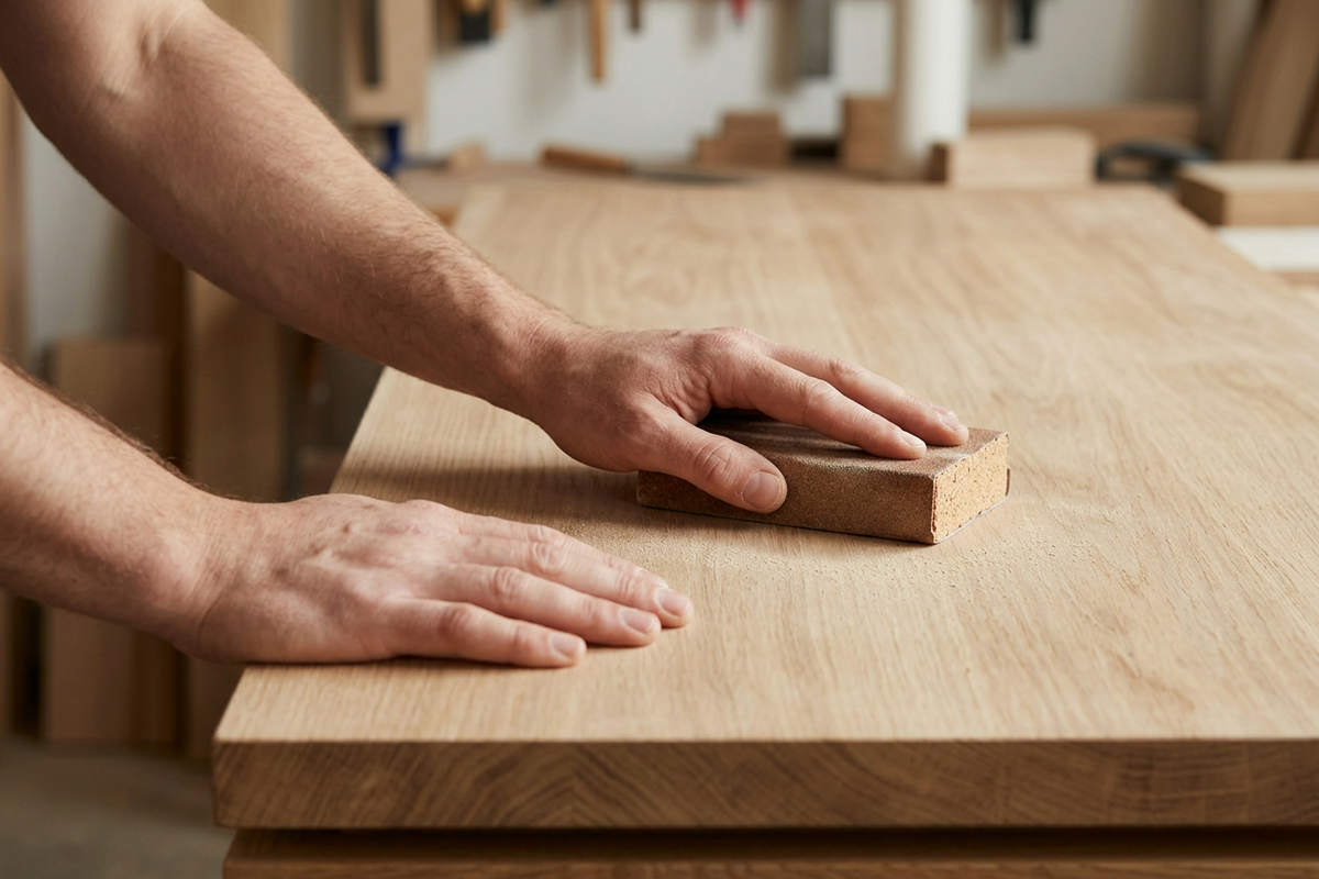 Two hands hand-sanding the oak desktop