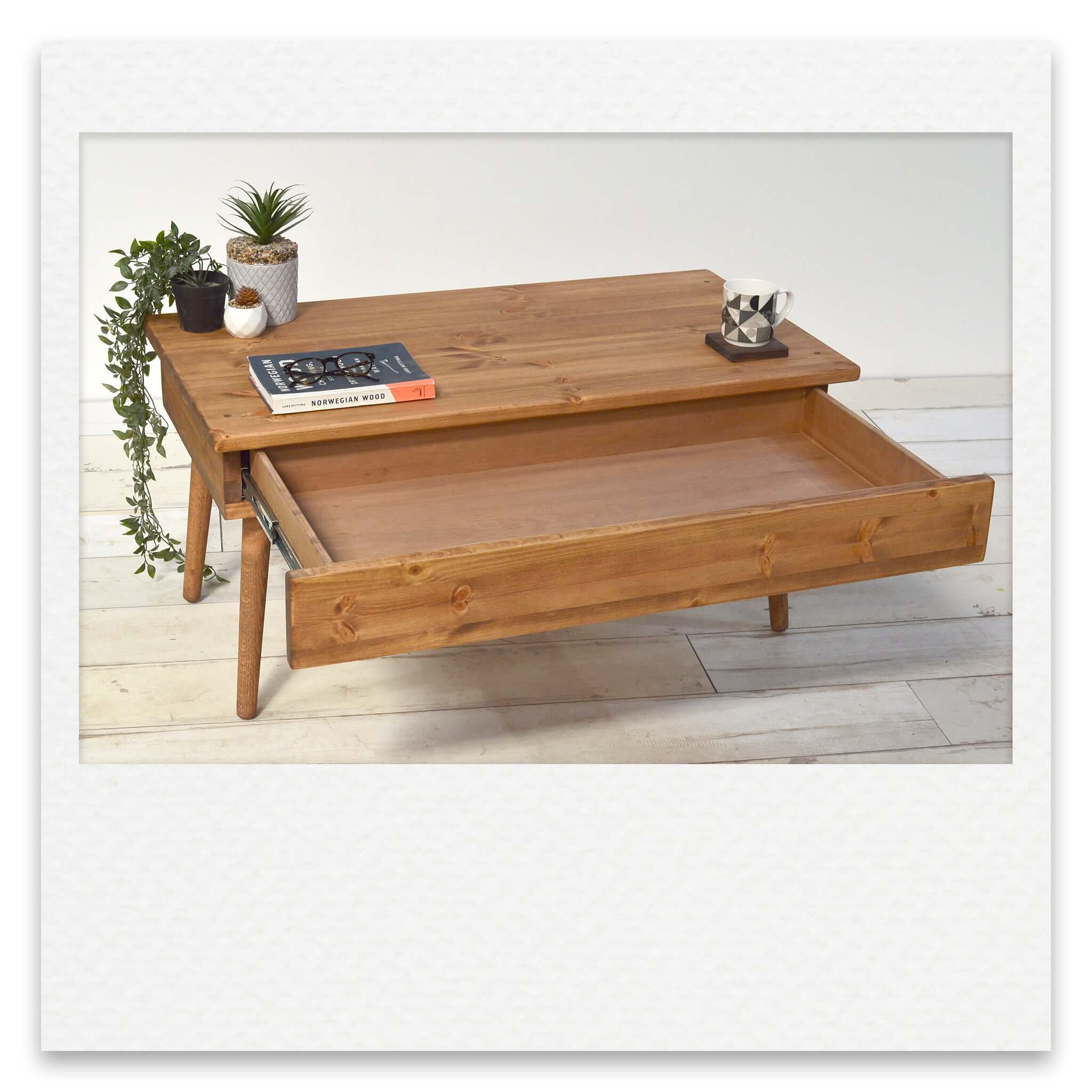 Coffee Table with Deep Hidden Drawer and Short Wooden Legs
