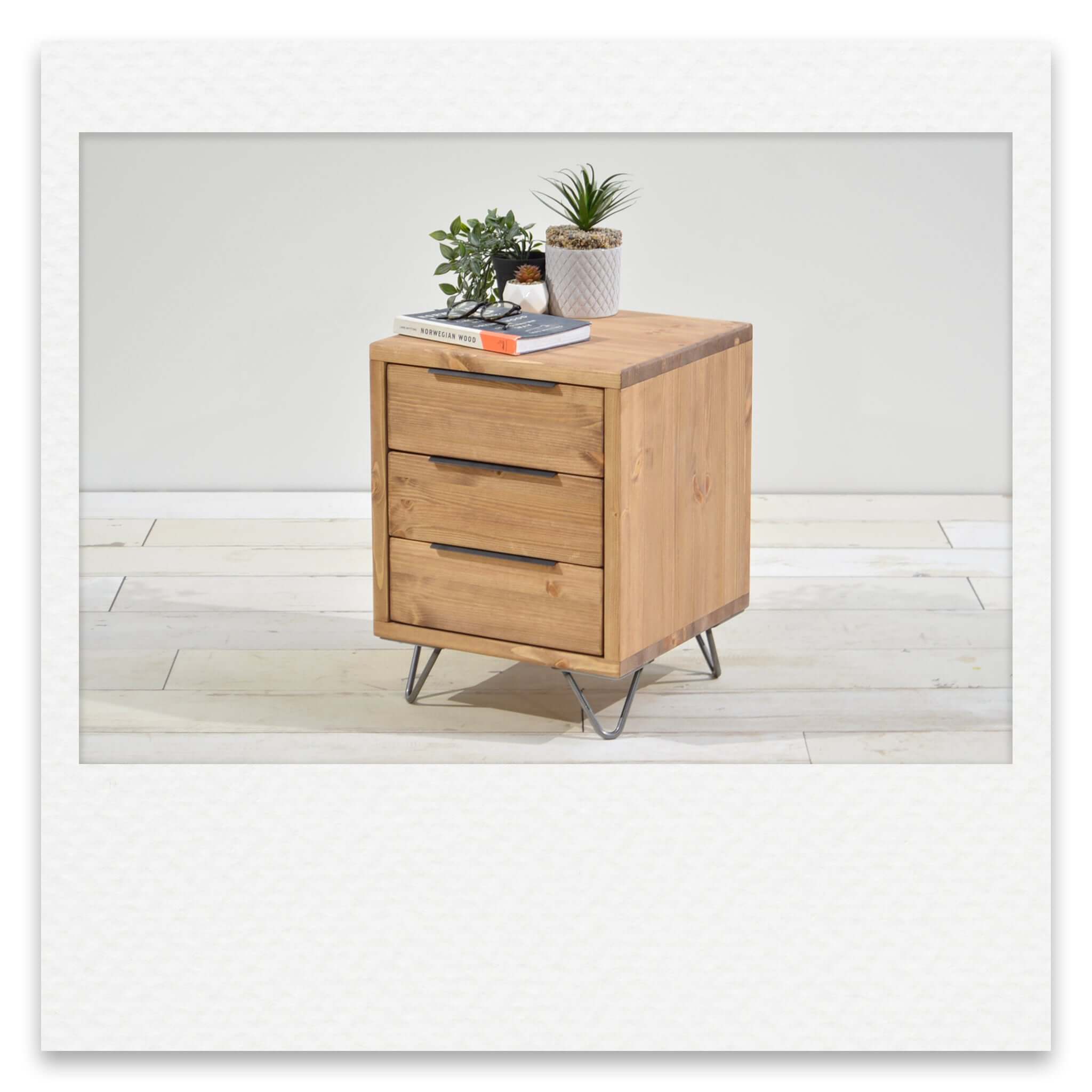 Bedside Table with 3 Drawers and Hairpin Legs