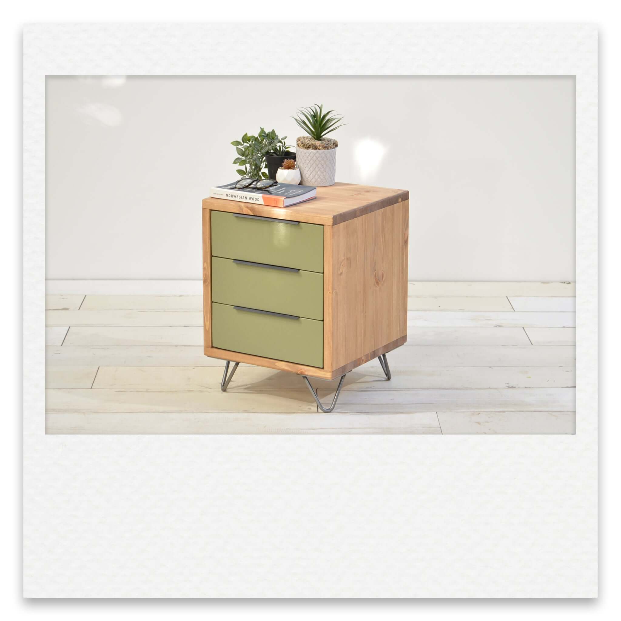 Executive Three Drawer Bed Side Table with Coloured Drawer Faces