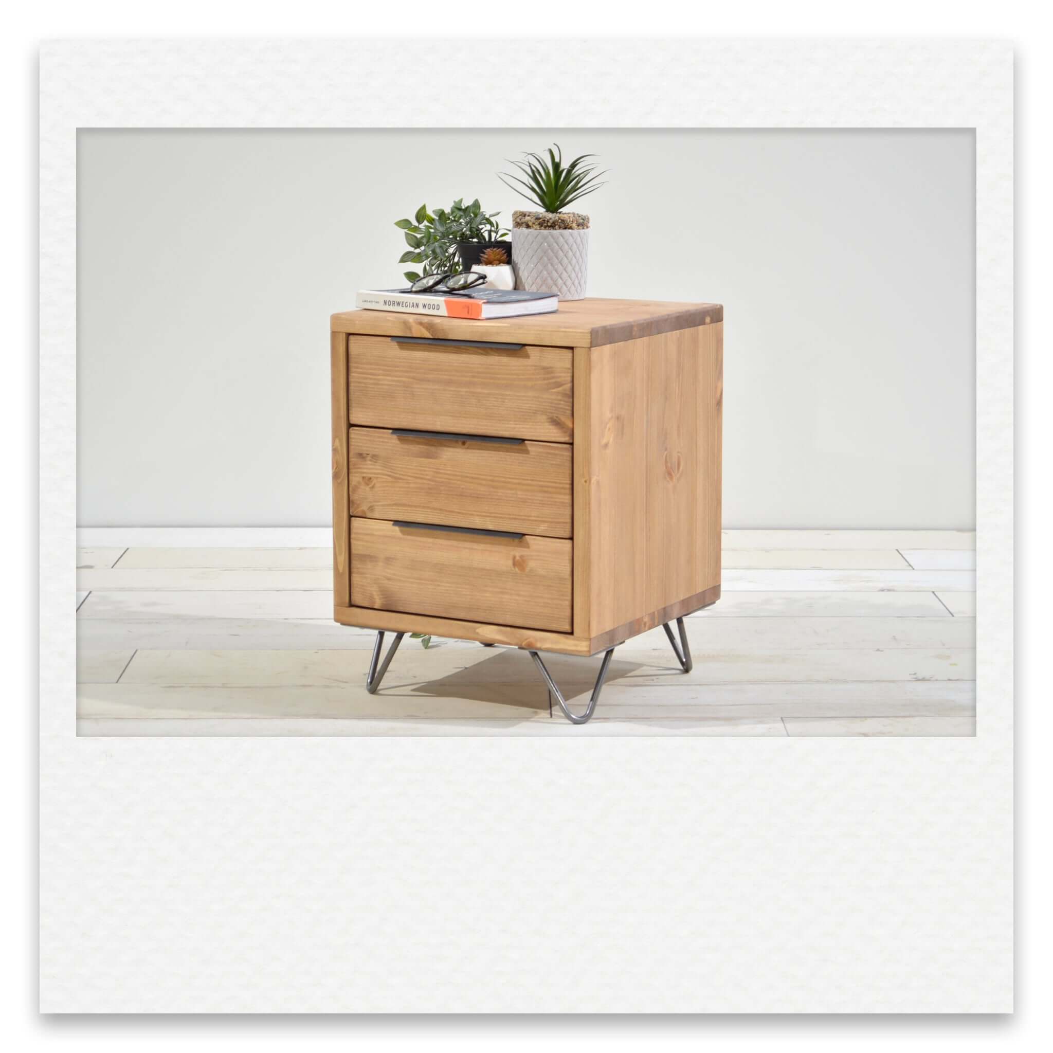 Bedside Table with 3 Drawers and Hairpin Legs
